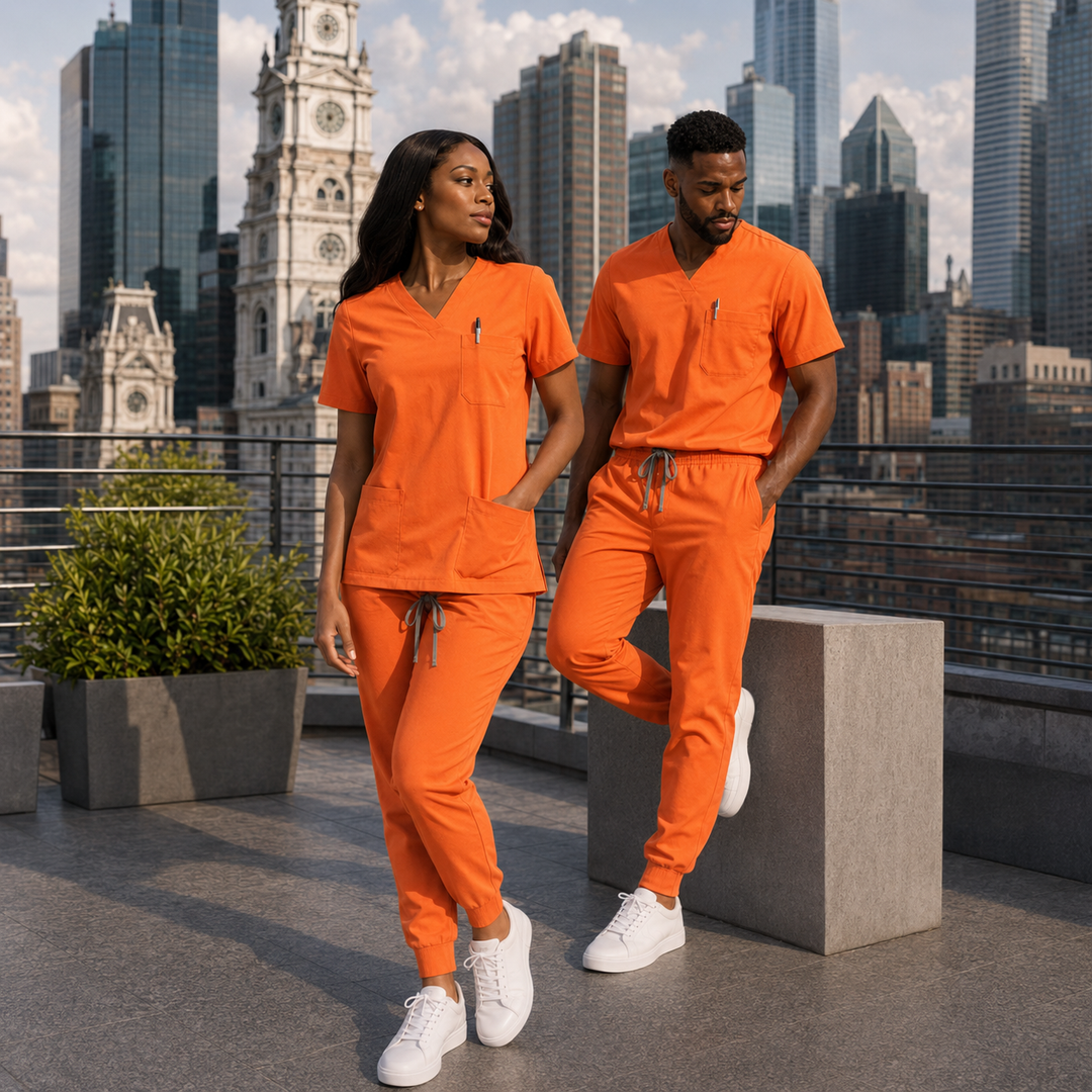 The Vital V-Neck in Pharmacy Orange — woman and man full view