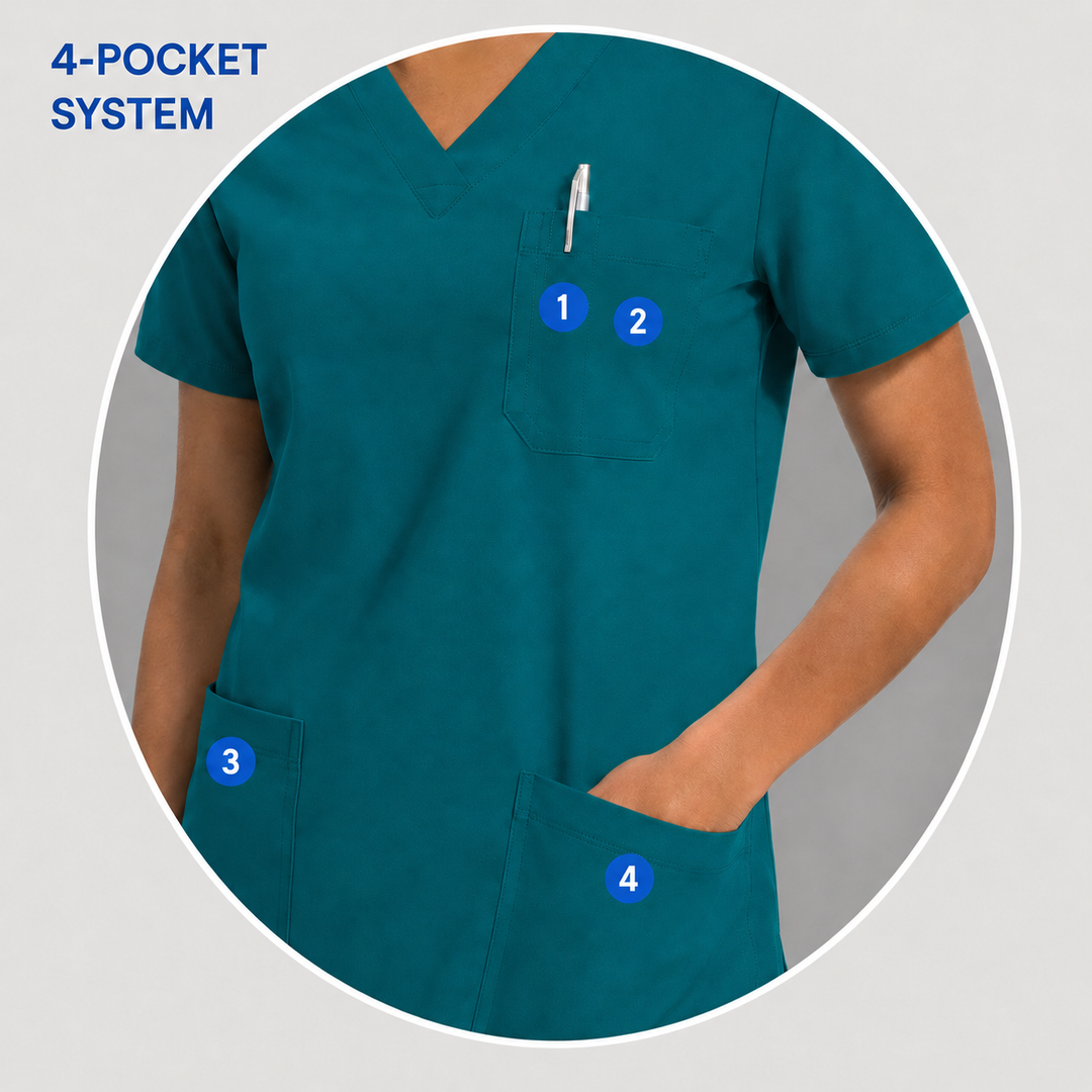 The Vital V-Neck in Triage Teal — numbered 4-pocket system