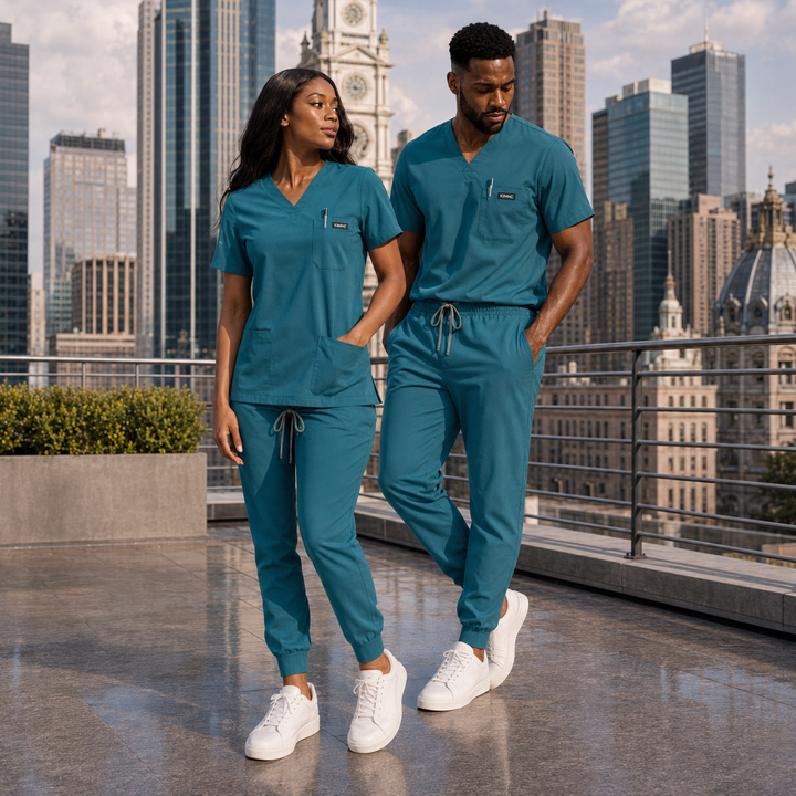 The Vital V-Neck in Triage Teal — woman and man full view