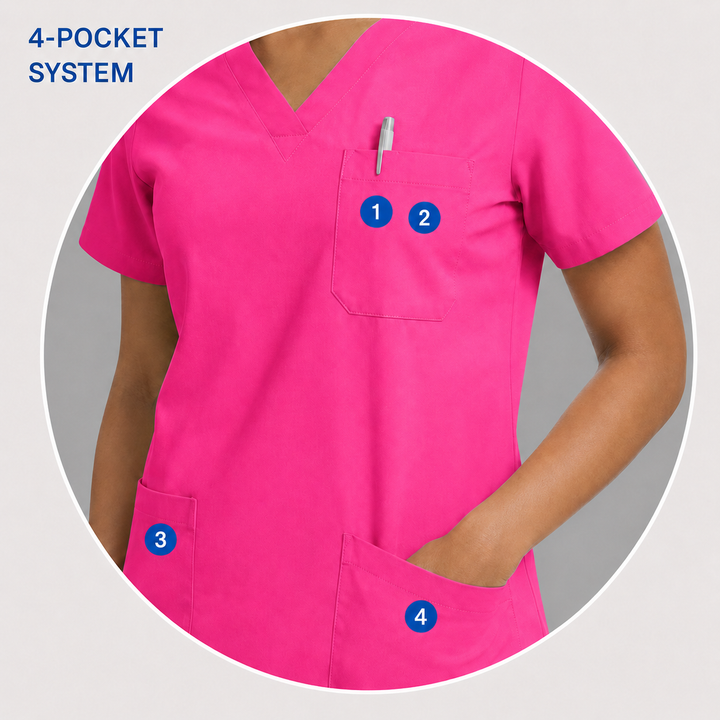 The Vital V-Neck in Vital Hot Pink — numbered 4-pocket system