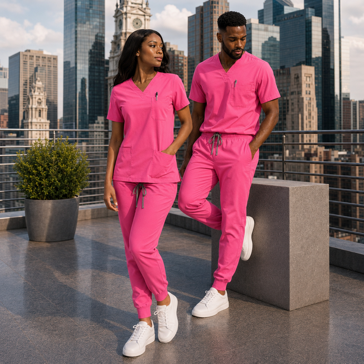 The Vital V-Neck in Vital Hot Pink — woman and man full view