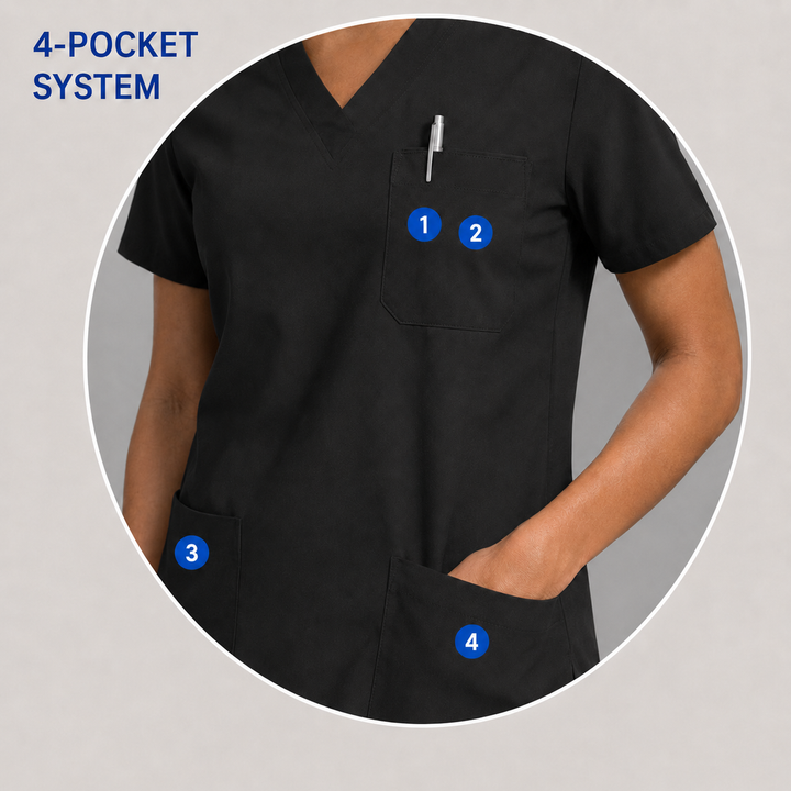 The Vital V-Neck in X-Ray Black — numbered 4-pocket system