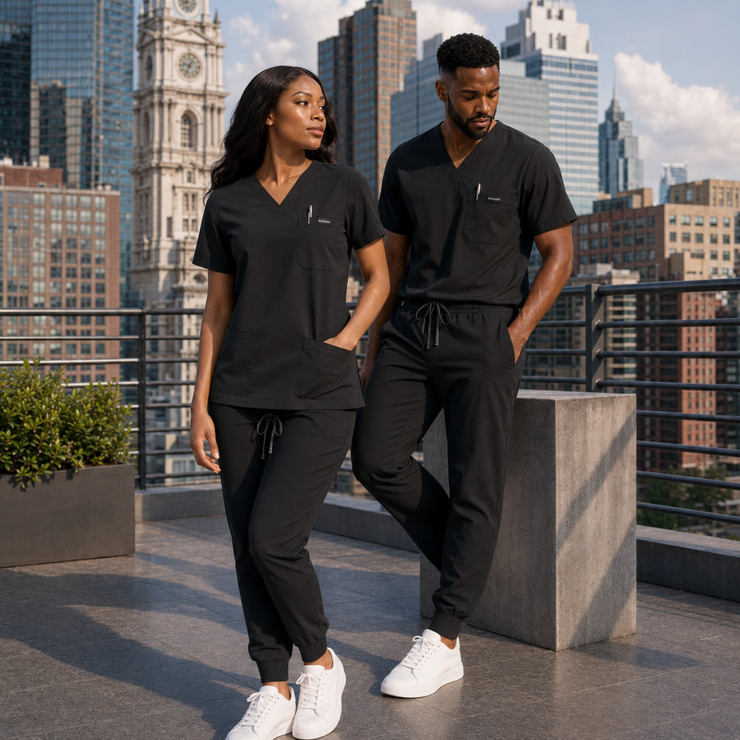 The Vital V-Neck in X-Ray Black — woman and man full view