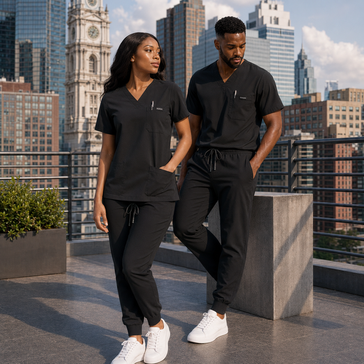 The Vital V-Neck in X-Ray Black — woman and man full view